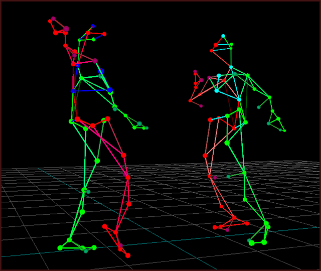 Two motion capture figures in mid-dance.